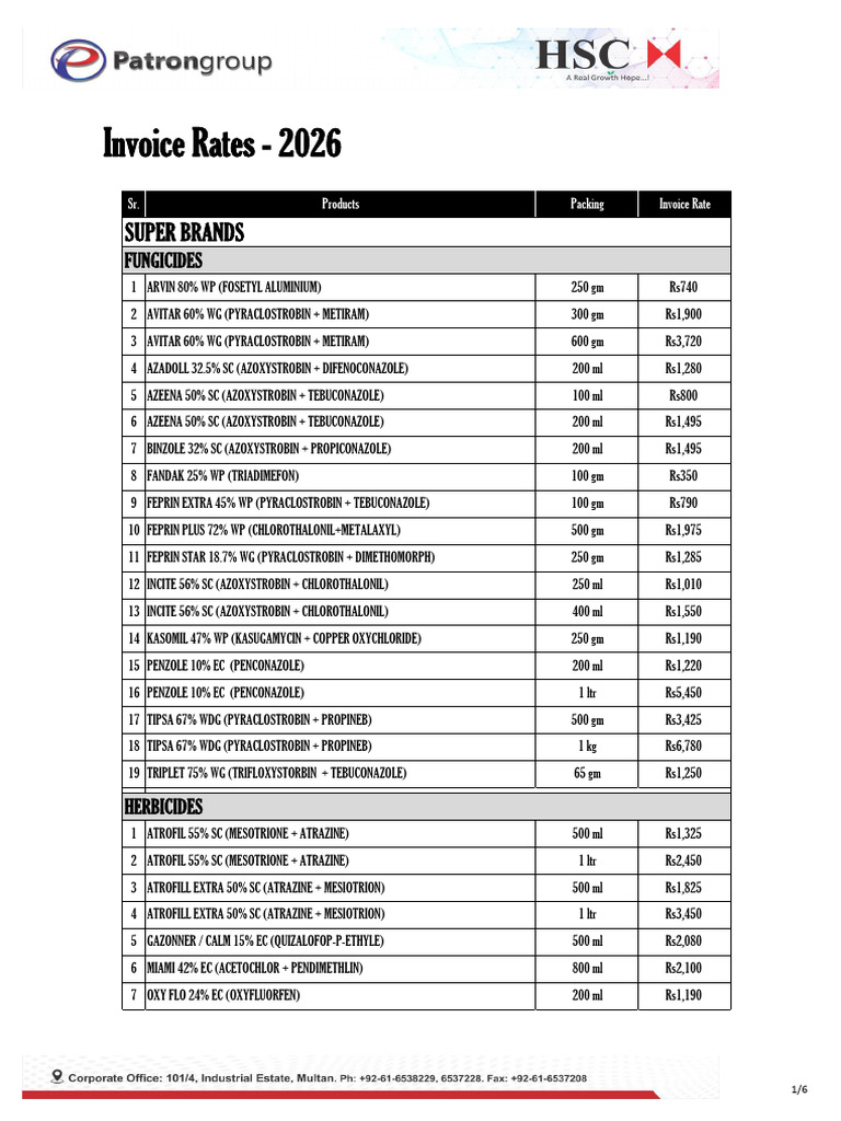 HSC Invoice Rates 2026 23-2-26 | PDF | Fertilizer | Toxicology