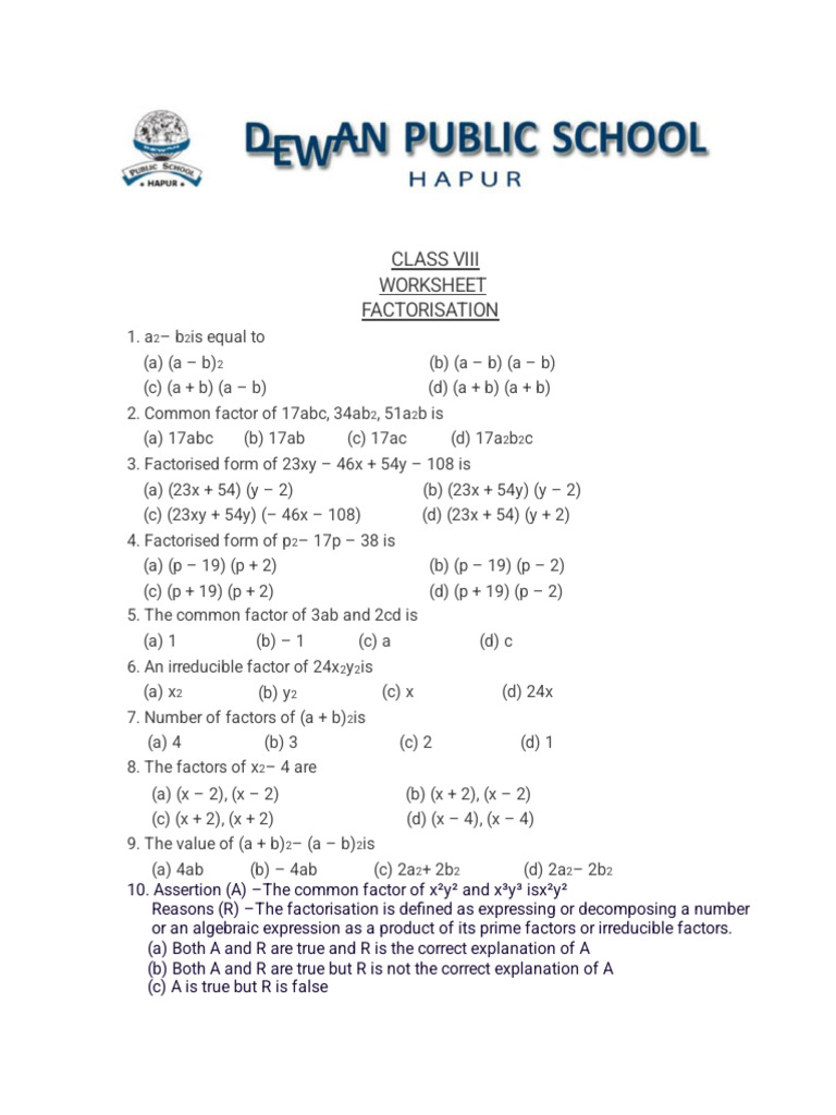 CLASS VIII Factorisation | PDF