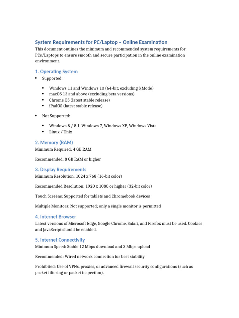 Laptop or Desktop System Requirements Online Examination | PDF