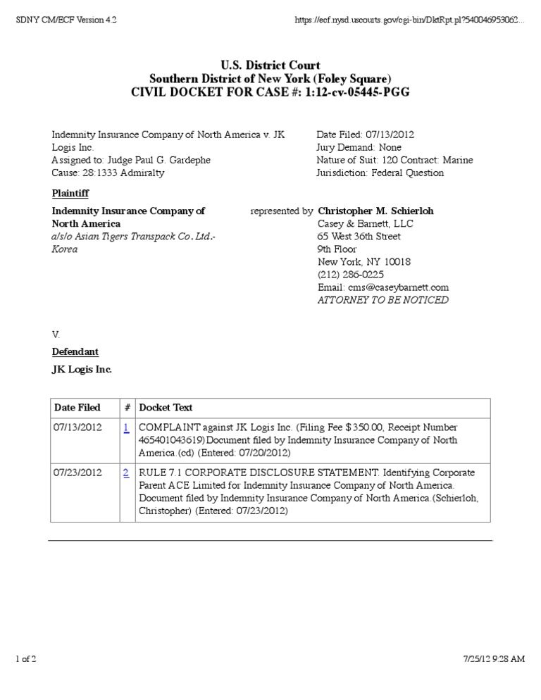 INDEMNITY INSURANCE COMPANY OF NORTH AMERICA v. JK LOGIS INC. Docket ...
