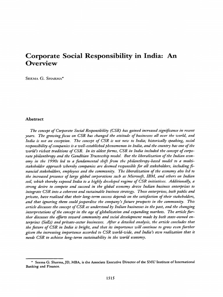 Corporate Social Responsibility in India - An Overview | PDF ...