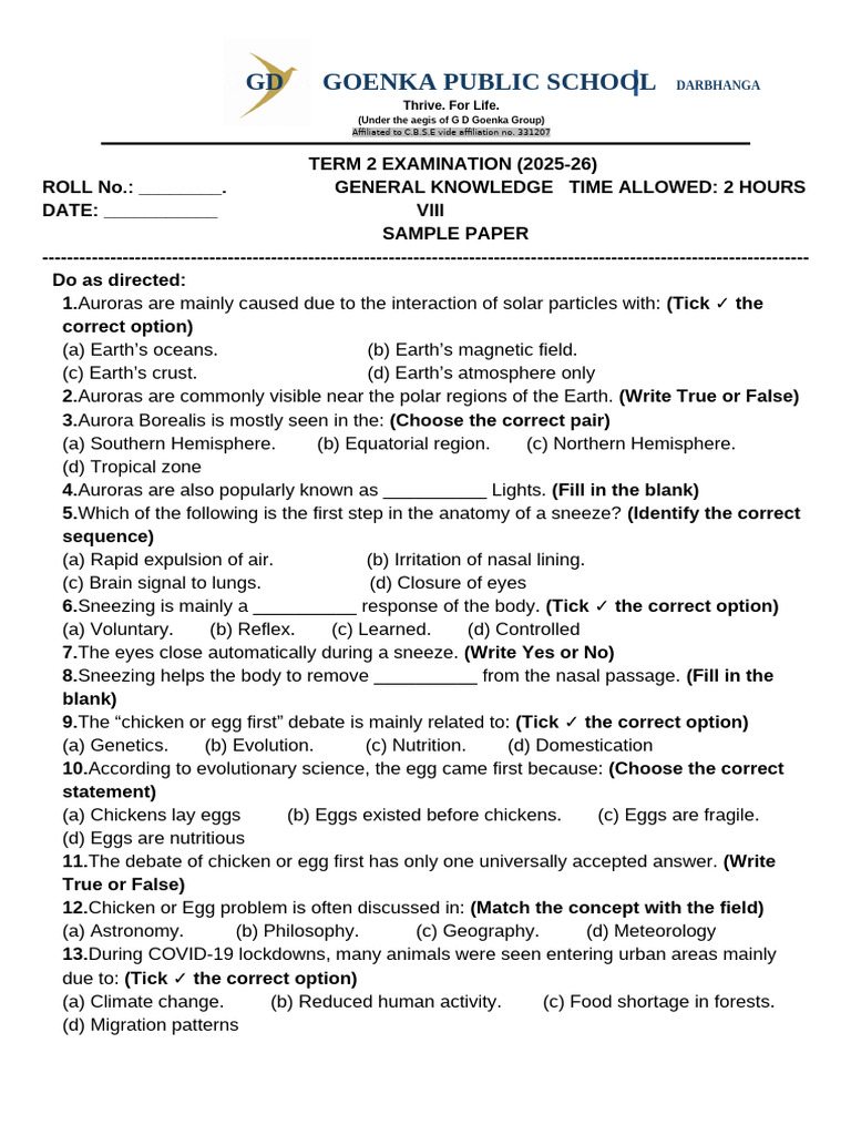Class 8 Term - 2 GK Sample Paper | PDF | Diabetes | Earth