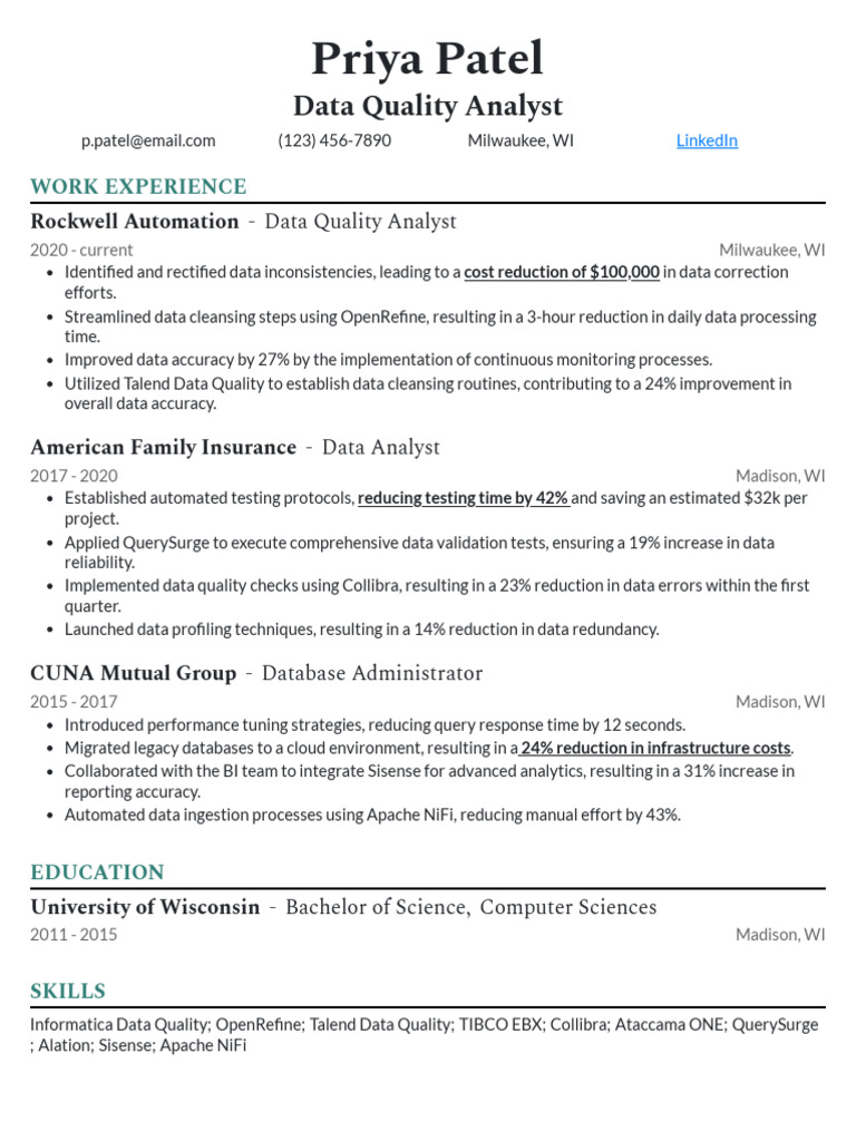 Data Quality Analyst Resume Example | PDF
