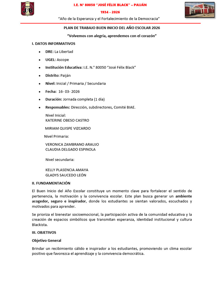 Plan Buen Inicio Del Año Escolar 2 | PDF | Maestros | Educación de la ...