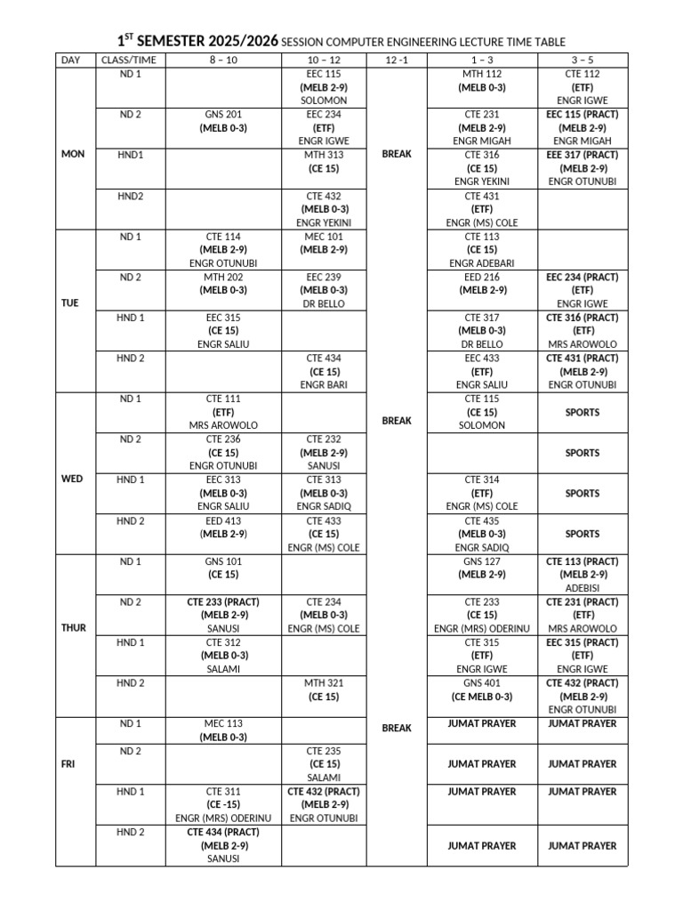 First Semester 25 - 26 FT Time Table - 114458 | PDF