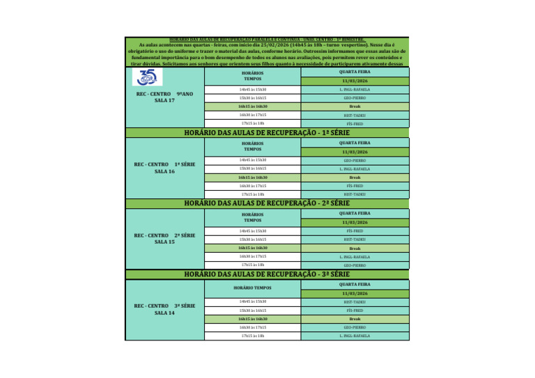 Horário de Aula Rec. Centro - 11-03-2026 | PDF