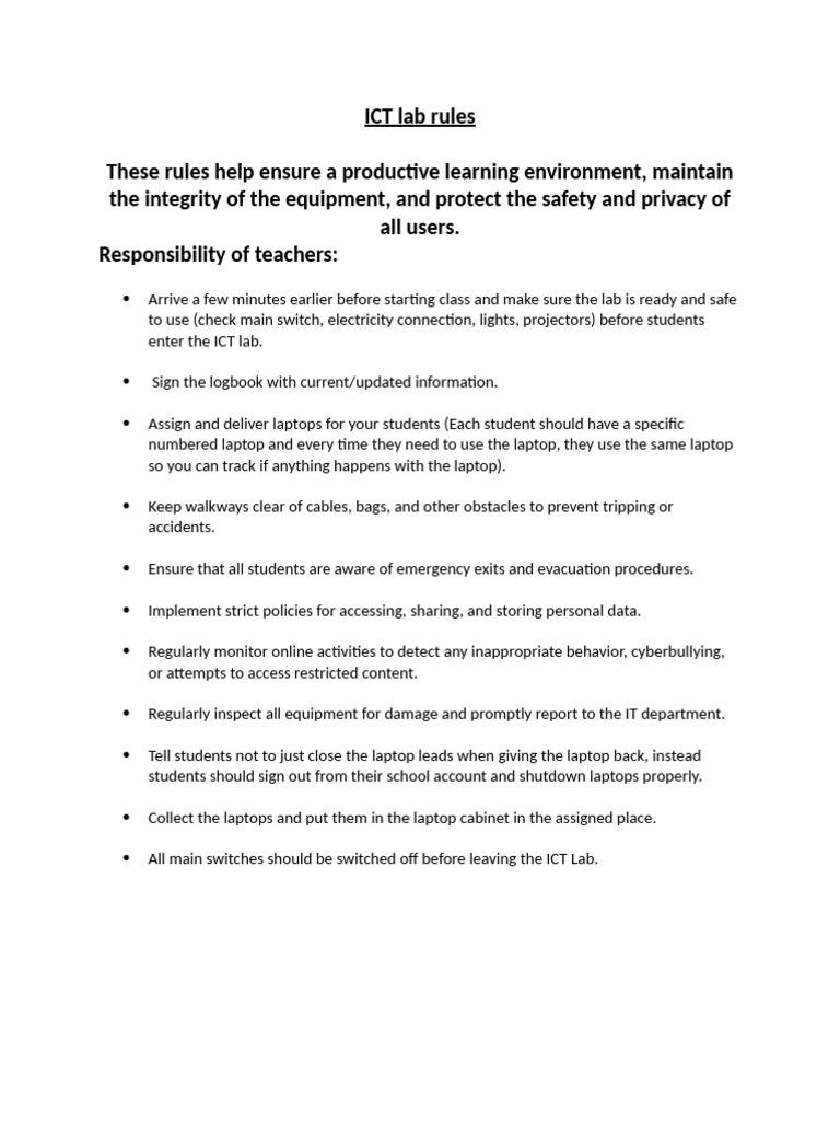 ICT Lab Rules | PDF | Laptop | Information And Communications Technology