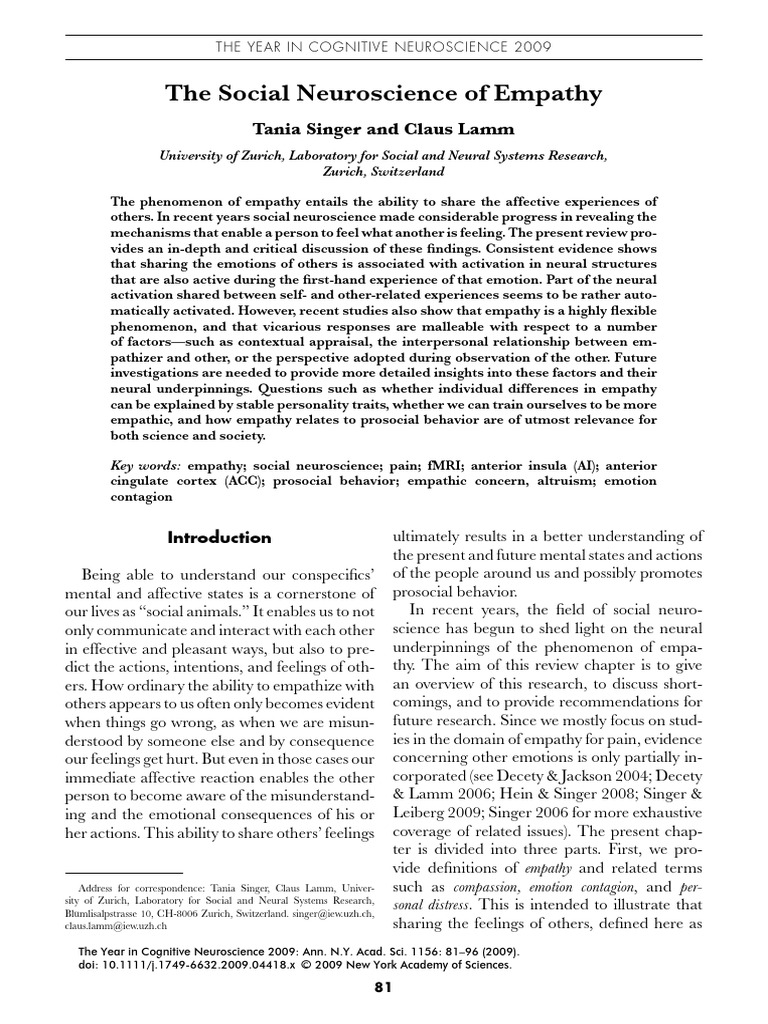 Singer Lamm. 2009. The Social Neuroscience of Empathy | PDF | Empathy ...