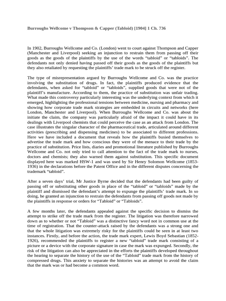 Burroughs Wellcome V Thompson | PDF | Trademark | Lawsuit