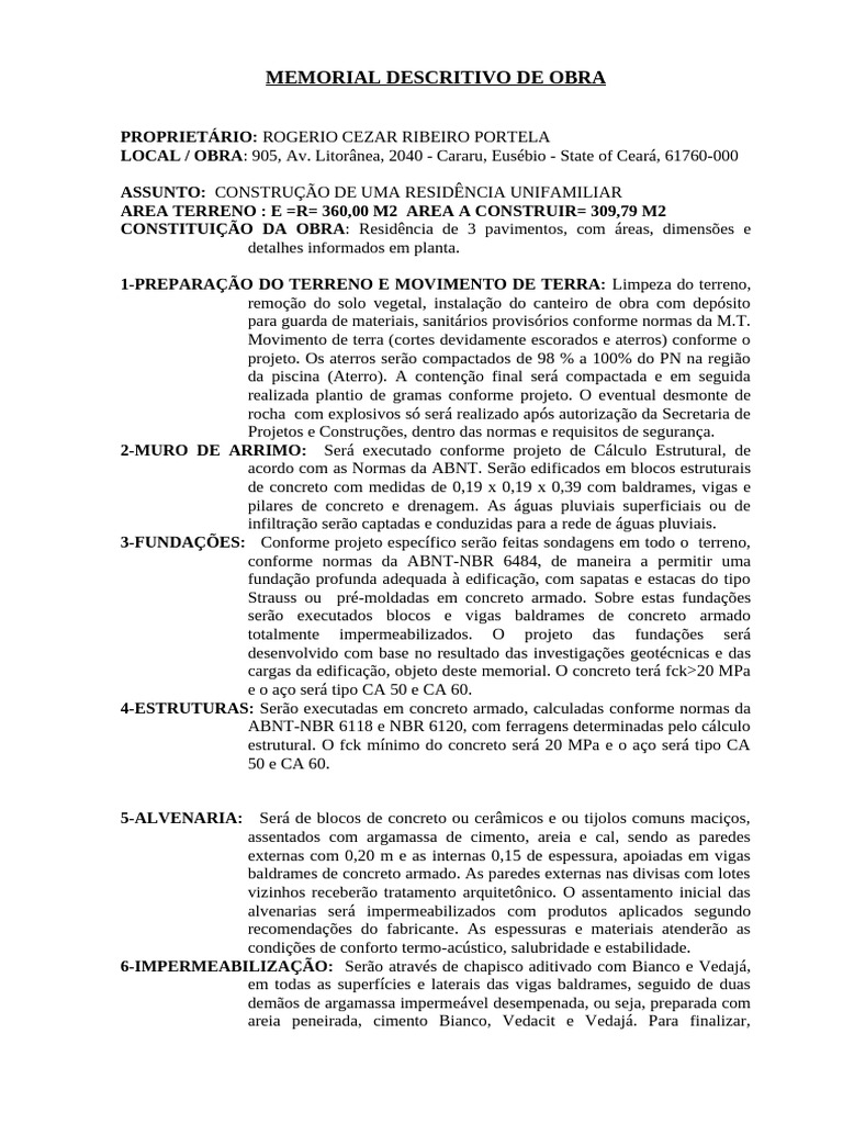 Memorial Descritivo Residencial Roberta Avelino 2 | PDF | Argamassa ...