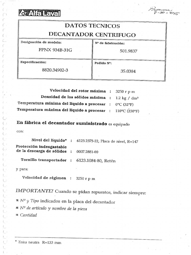 Datos Técnicos Decantador Centrifugo FPNX-934B-31G | PDF