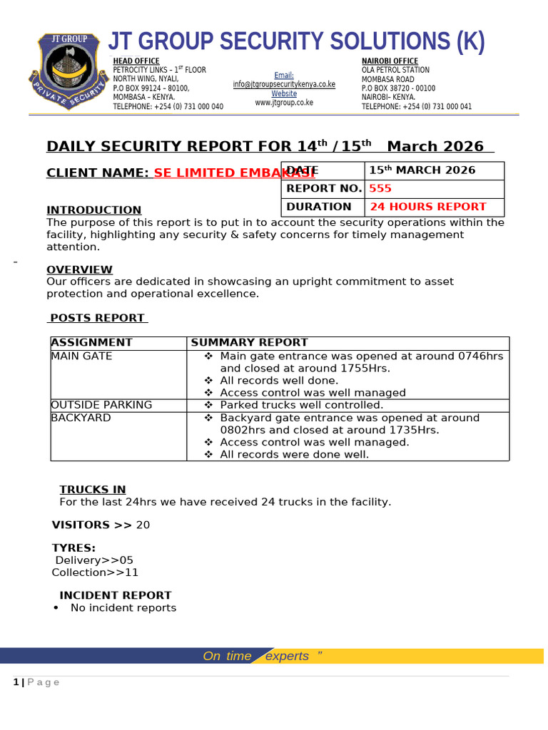 Daily Se Embakasi Security Report 555 | PDF | Motor Vehicle | Vehicles