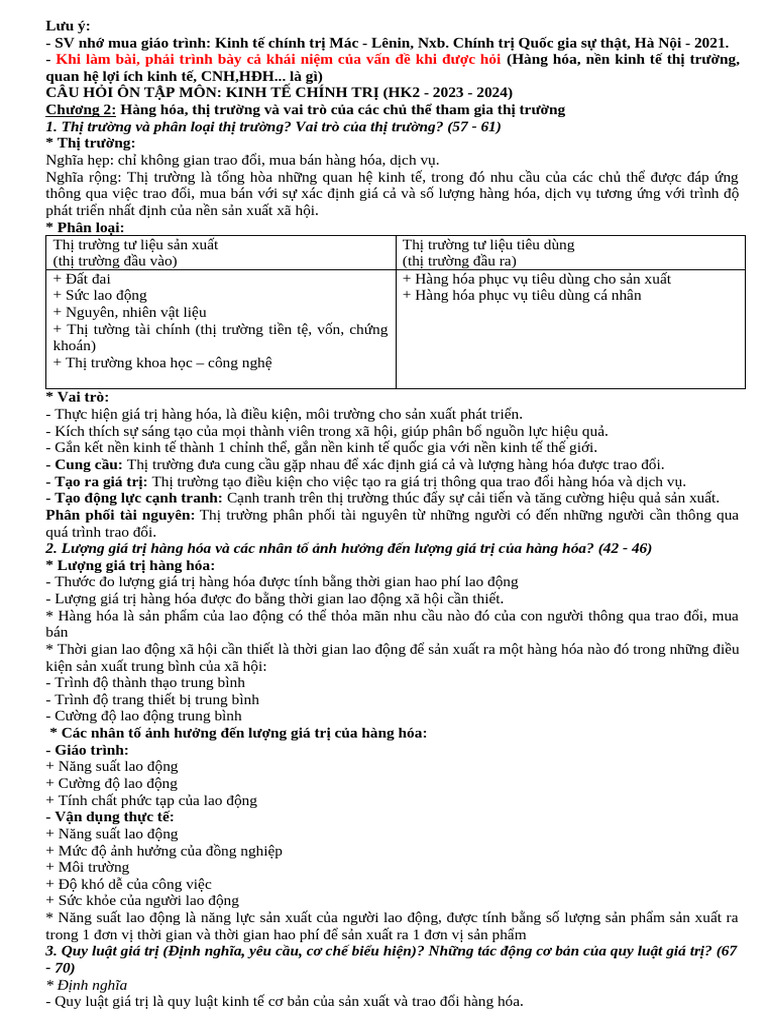 ĐỀ CƯƠNG KTCT đã thi | PDF