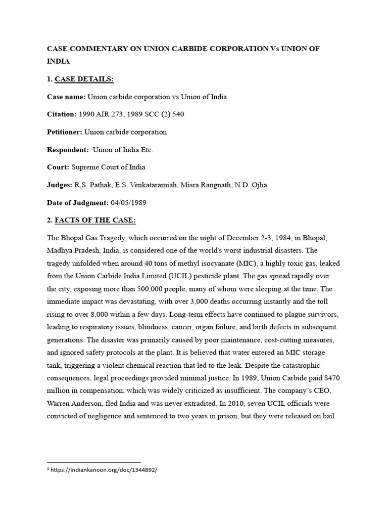 CASE COMMENTARY ON UNION CARBIDE CORPORATION Vs UNION OF INDIA | PDF ...