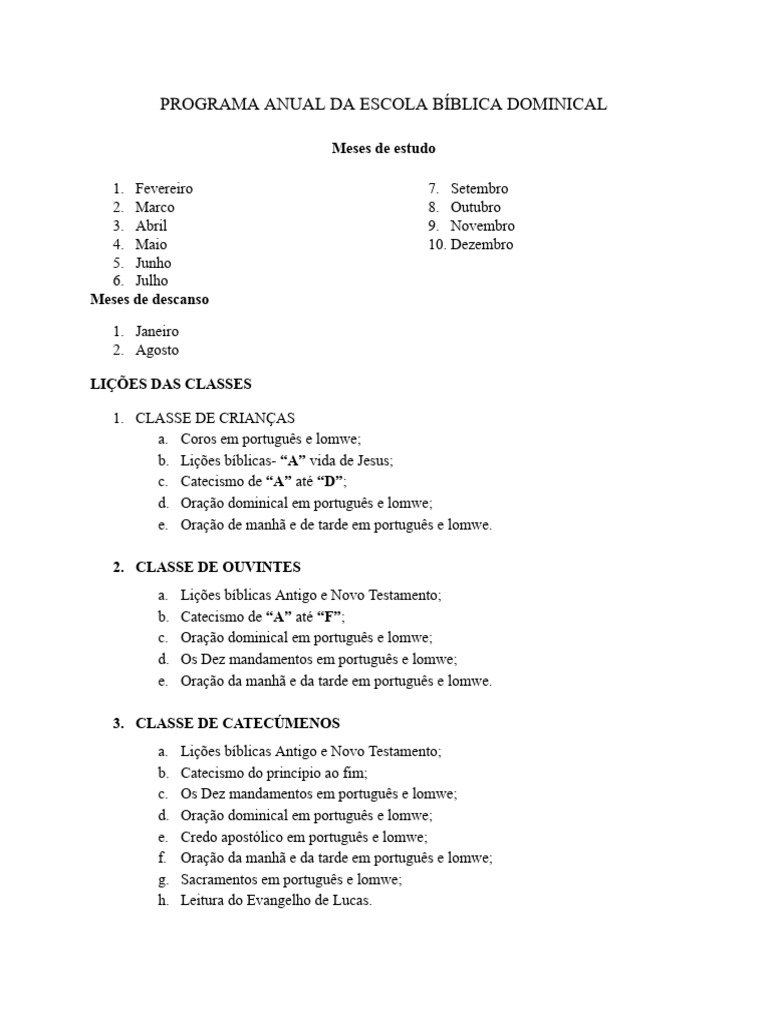 Programa Anual Da Escola Bíblica Dominical: Meses de Estudo | PDF ...