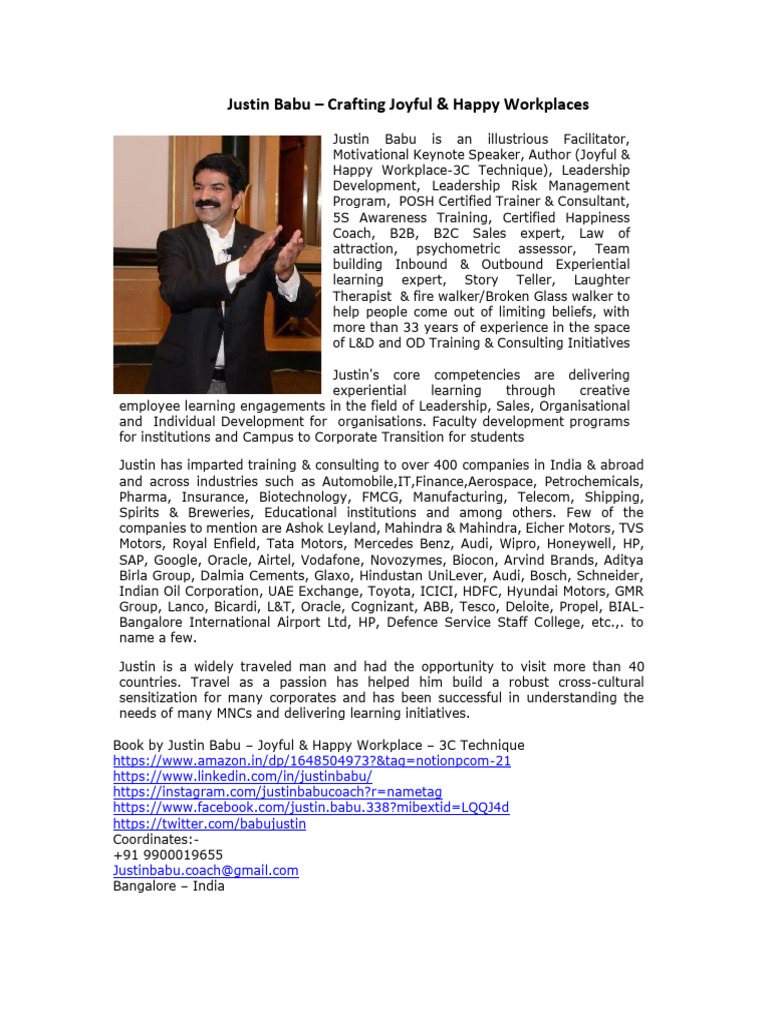 Justin Babu Trainer-Crafting Joyful & Happy Workplaces-Motivational ...
