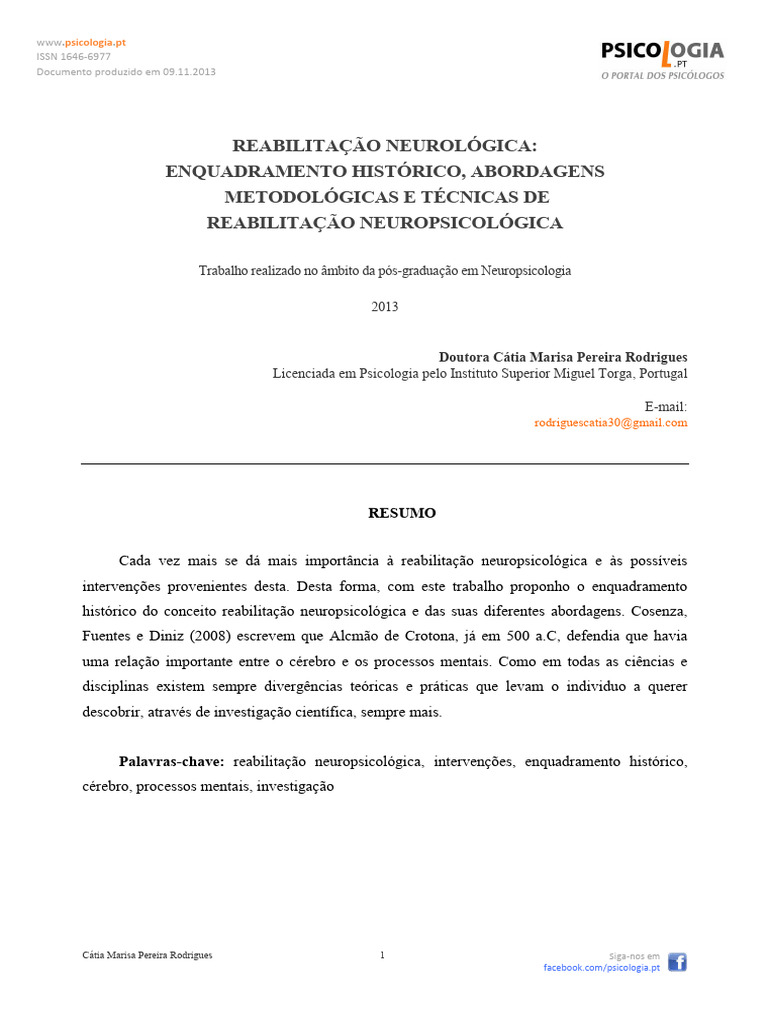 Reab Neurologica Enquadramento Teorico | PDF | Neuropsicologia ...