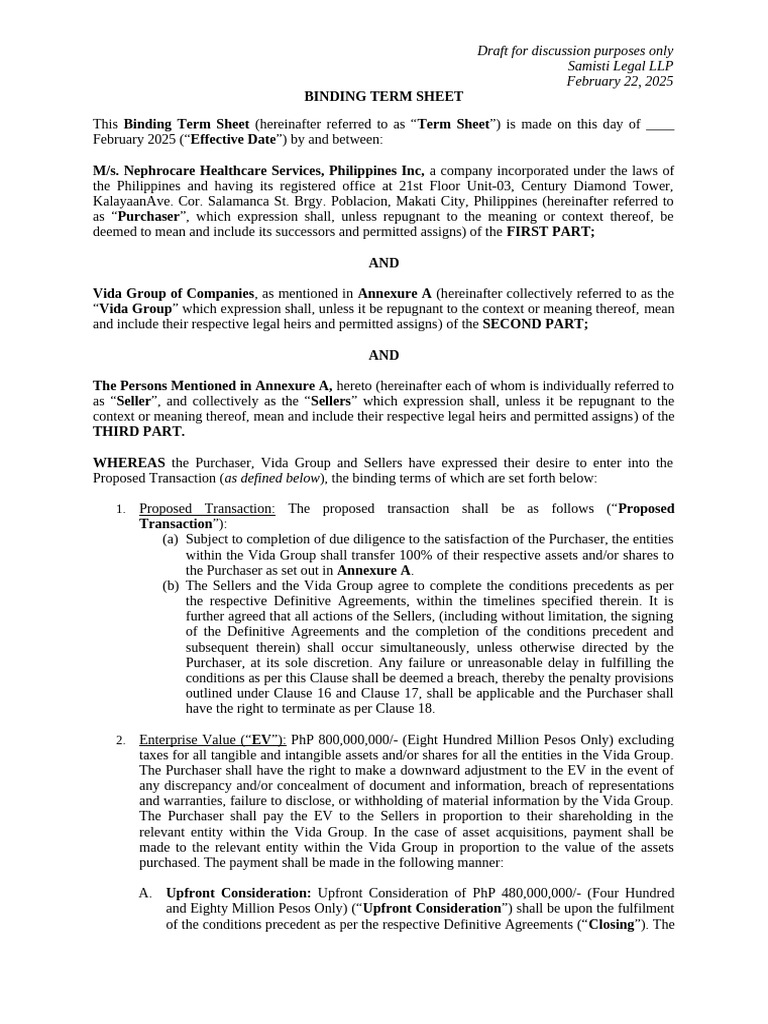 NHSPI - Vida Group - Draft Binding Term Sheet | PDF | Due Diligence | Lease