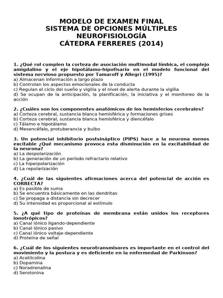 Modelo de Examen Final Multiple Choice Nro 1 Neurofisiologia Catedra ...