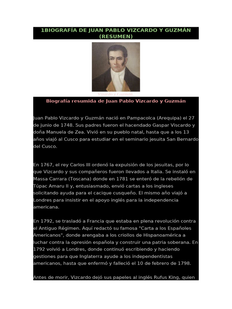 Biografía de Juan Pablo Vizcardo y Guzmán | PDF