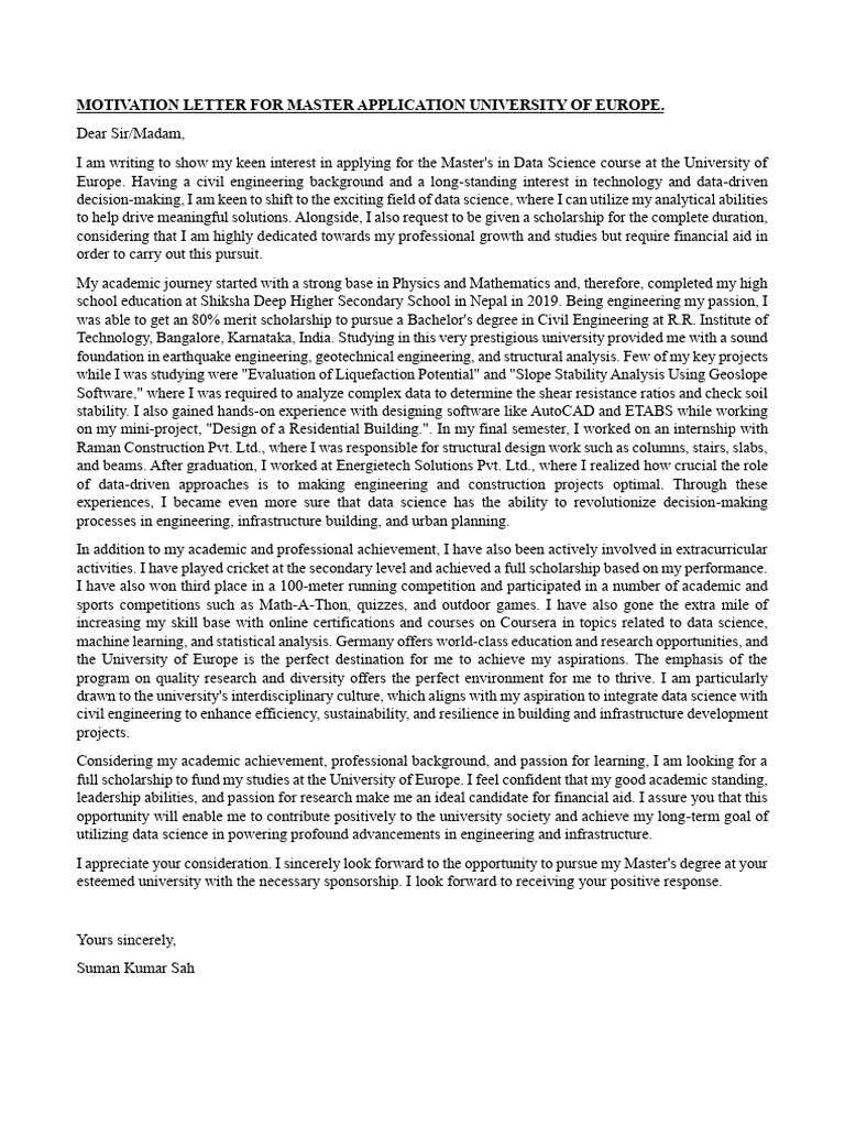 Motivation Letter For Master Application University of Europe | PDF ...