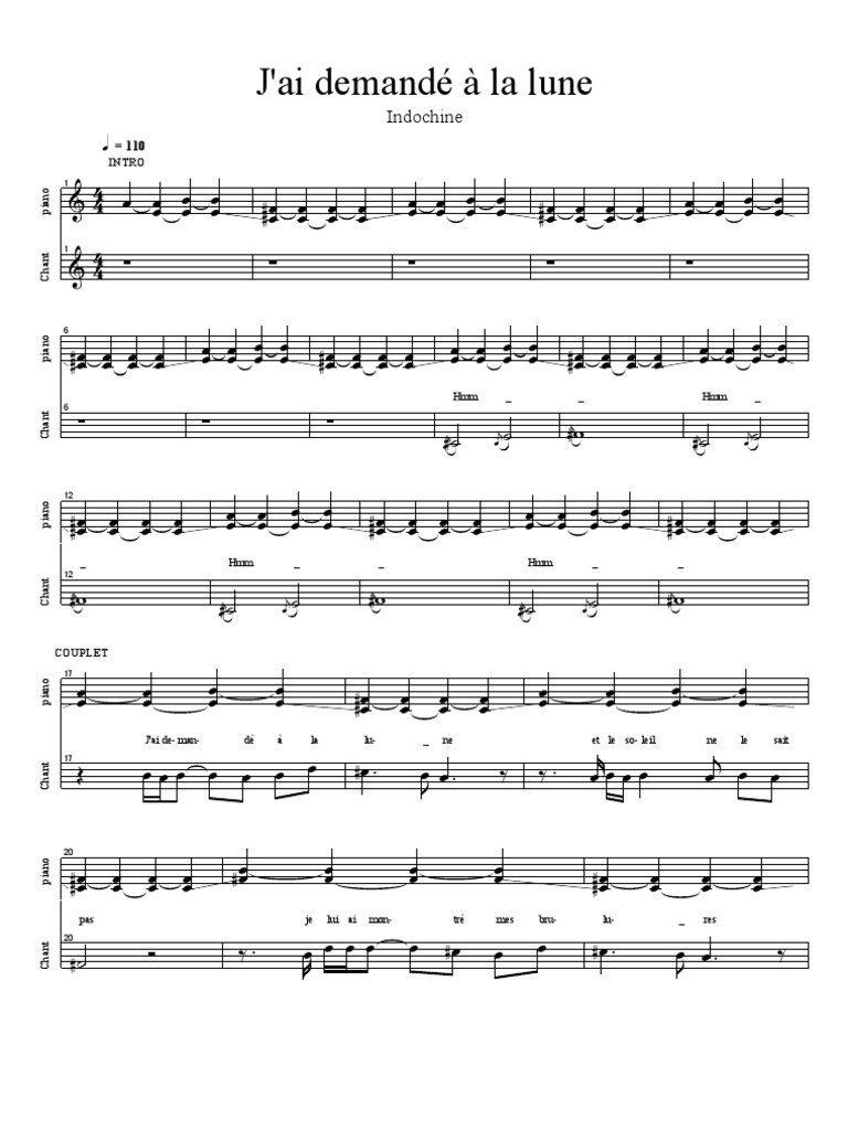 Partition Piano Gratuite J ai Demandé à La Lune Indochine J'ai Demandé À La Lune | PDF