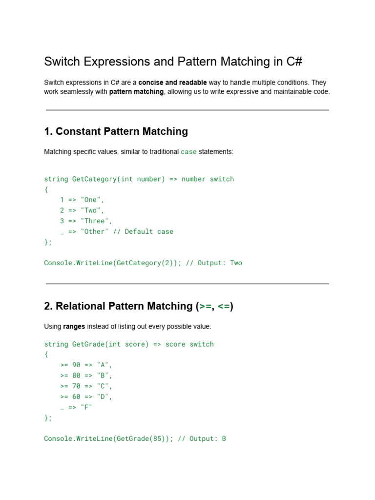 Switch Expressions and Pattern Matching | PDF | Boolean Data Type | C ...