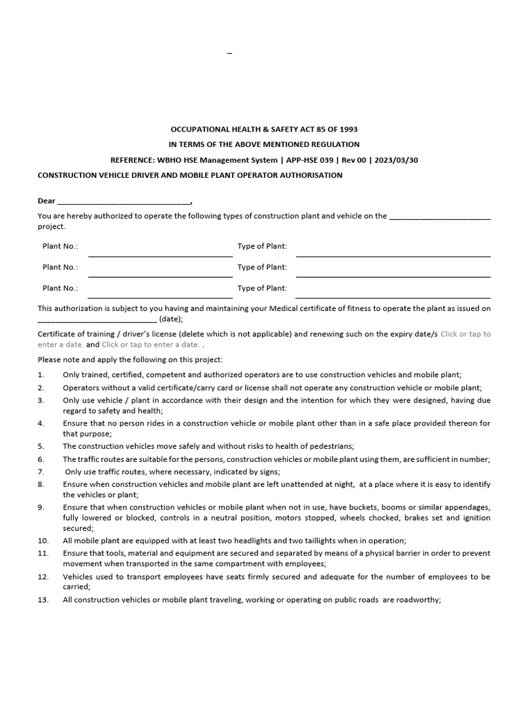 APP-HSE 039 - Construction Vehicle Driver and Mobile Plant Operator ...