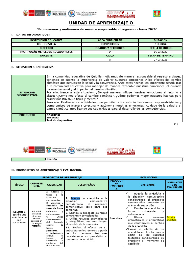Unidad de Aprendizaje - Esquema 2026 | PDF | Aprendizaje | Enseñando