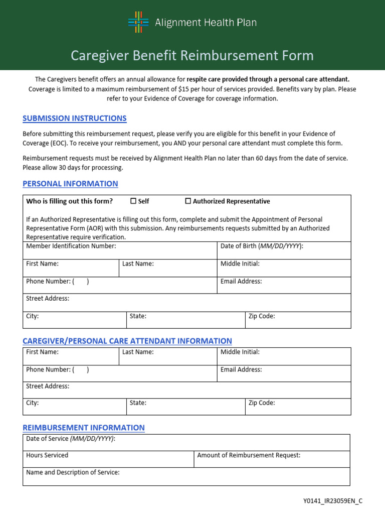 Alignment Health Plan Caregiver Reimbursement Form | PDF