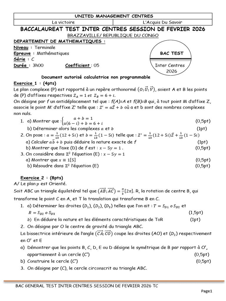 Bac Inter Centres 2026 TC (Maths) | PDF | Triangle | Coordonnées ...