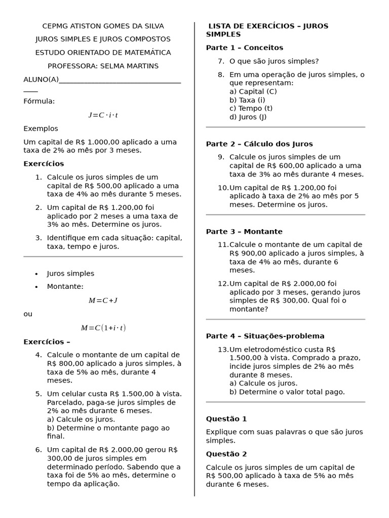 Lista 01 - Juros Simples e Juros Compostos | PDF | Juros | Economias