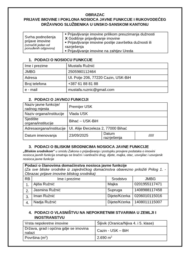 Godišnja Prijava Imovine 2025 - Mustafa Ruznic - Premijer 2026 | PDF