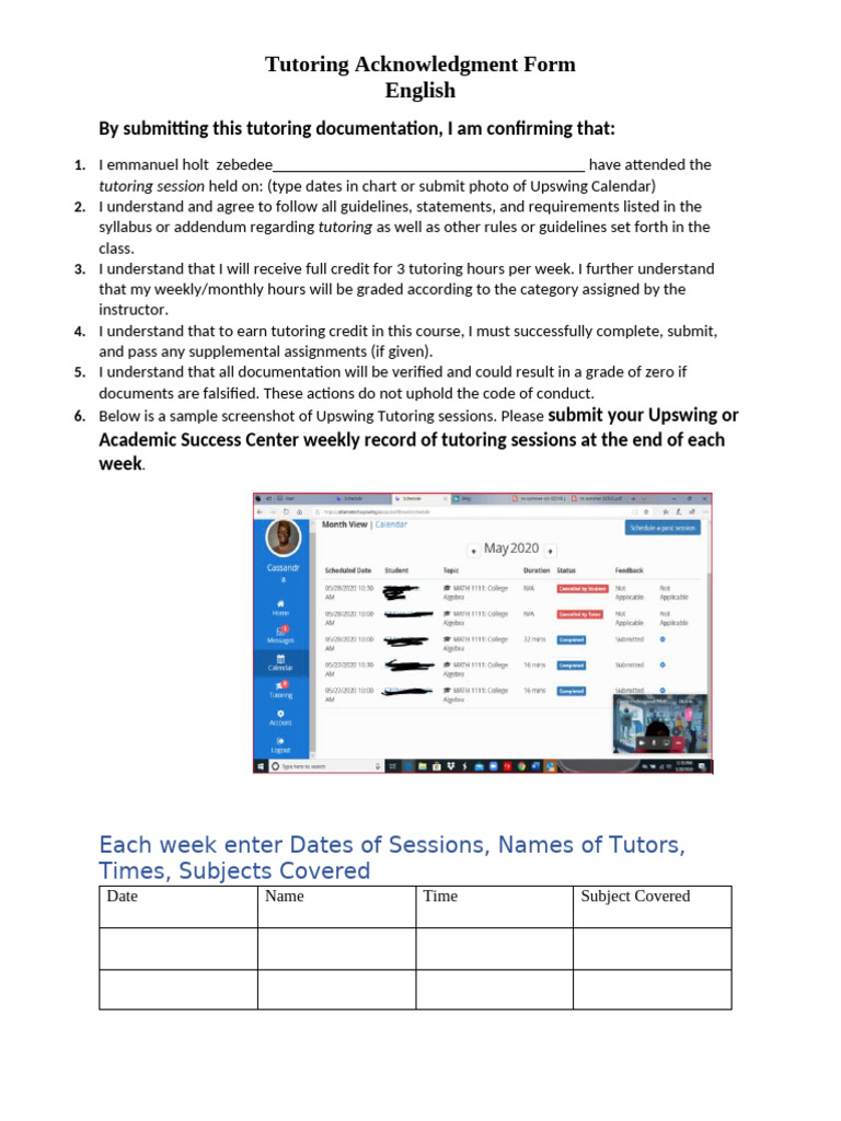 Tutoring Acknowledgment FormBlank | PDF