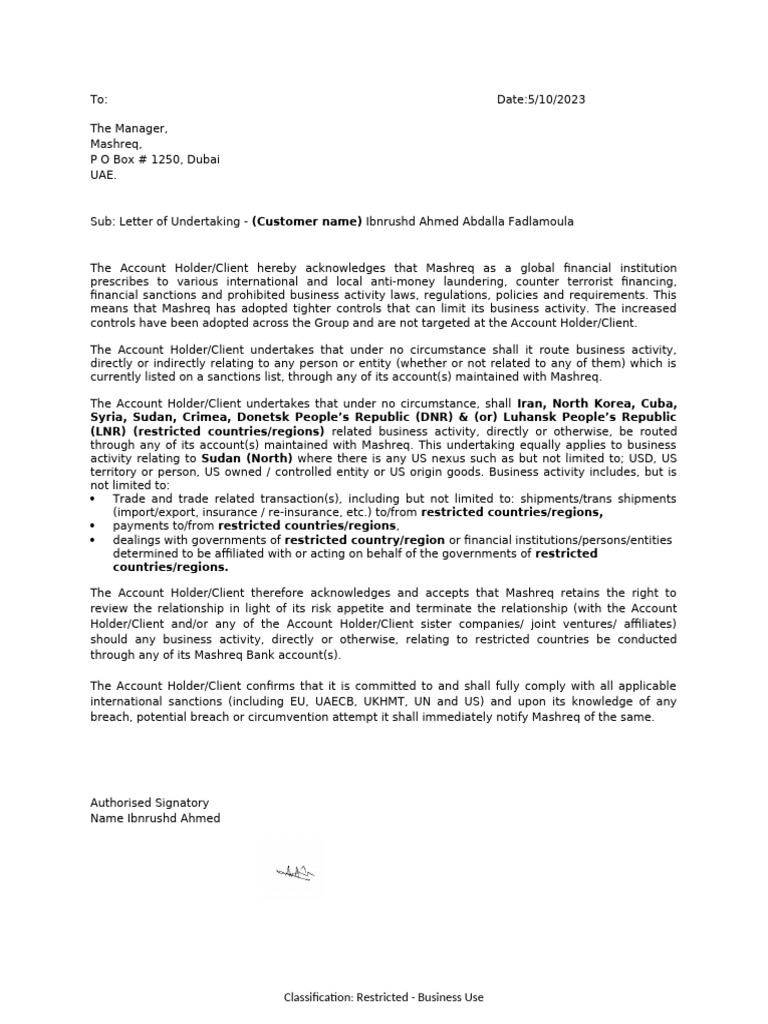 Sanctions Undertaking Form (2022) Signed | PDF | Terrorism Financing ...