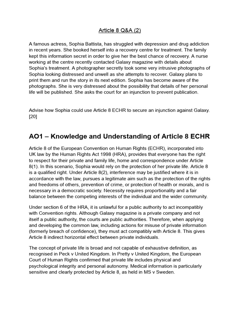 Article 8 Model Answer 2 | PDF | Privacy | Justice