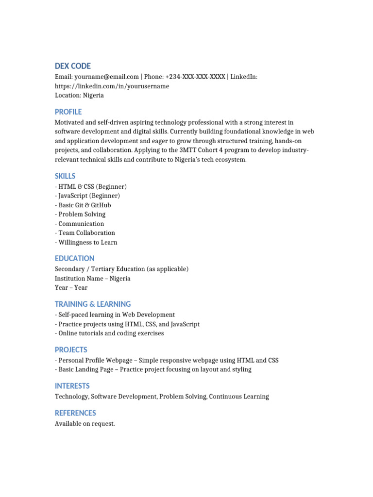 Dex Code 3MTT CV-1 | PDF