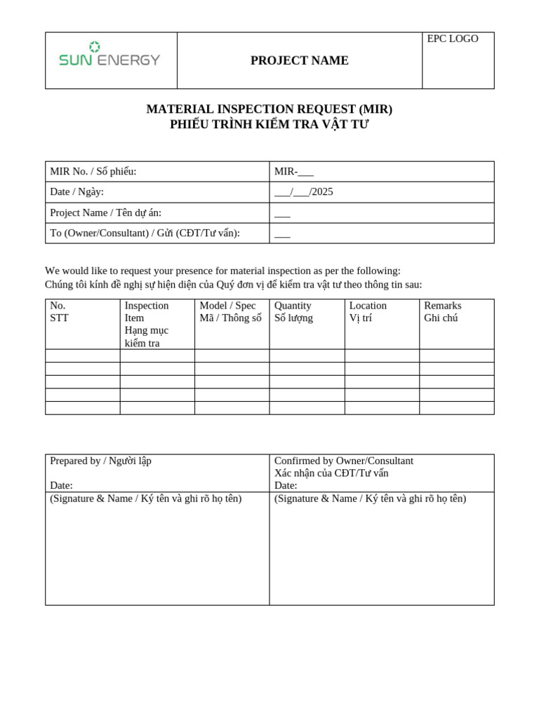 SUN-Material Inspection Request (MIR) | PDF