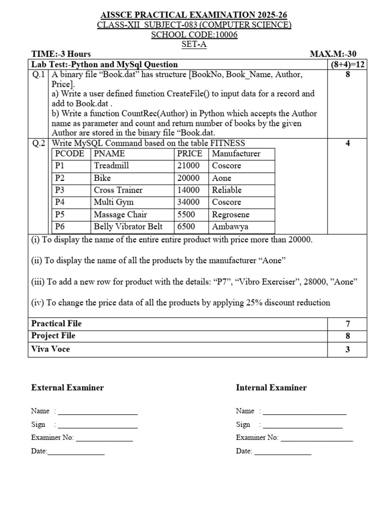 Practical Exam XII Set A | PDF