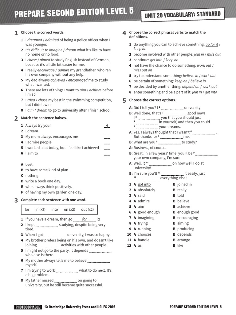 PREPARE 5 Vocabulary Standard Unit 20 | PDF | Syntax | Grammar