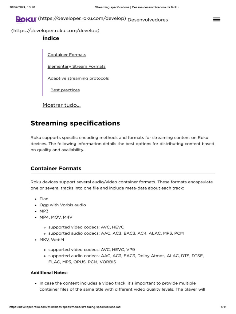 Streaming Specifications - Pessoa Desenvolvedora Da Roku | PDF | Codec ...