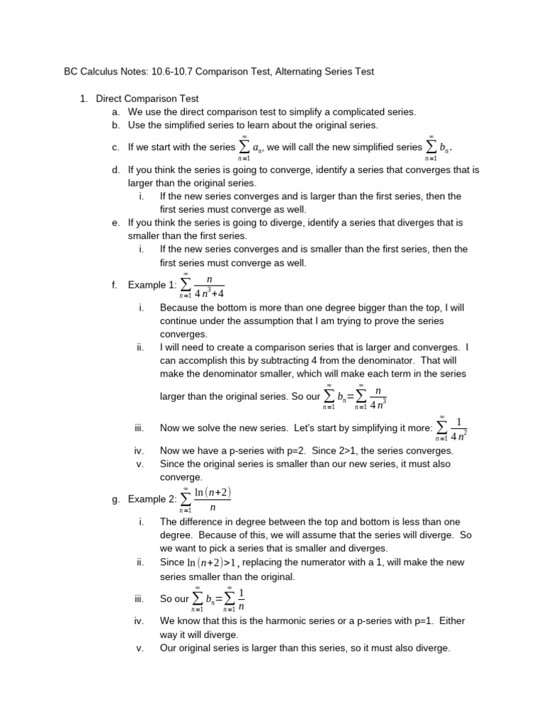 BC Calculus Notes - 10.6 - 10.7 Comparison Test, Alternating Series ...