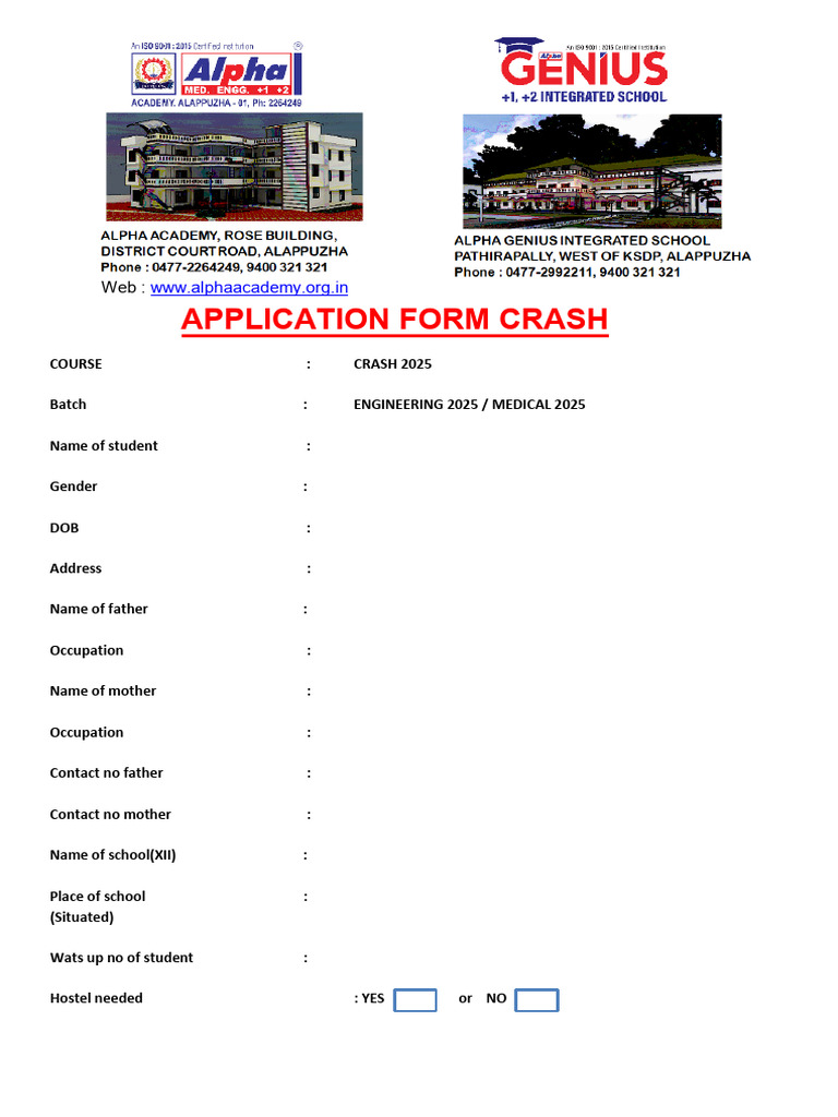 Admission Form Crash 2025 | PDF