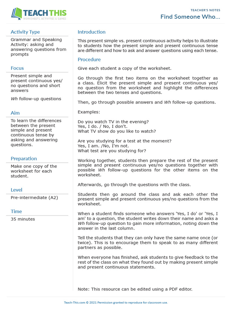 Find Someone Who Present Simple Present Continuous | PDF | Chess ...
