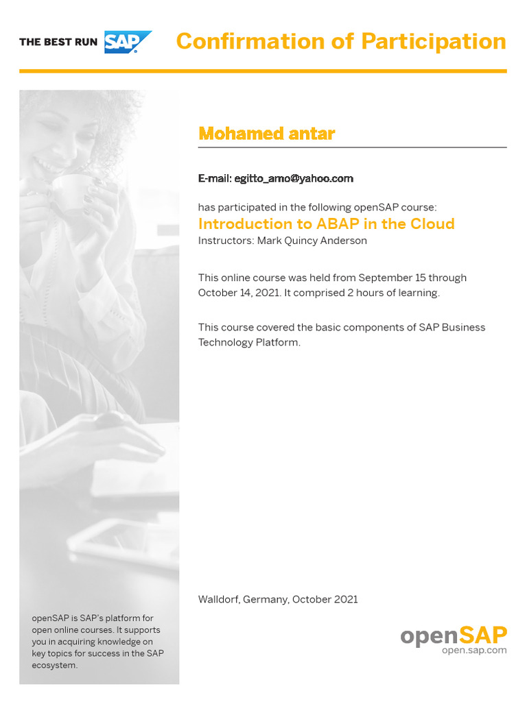 Abap1 ConfirmationOfParticipation | PDF