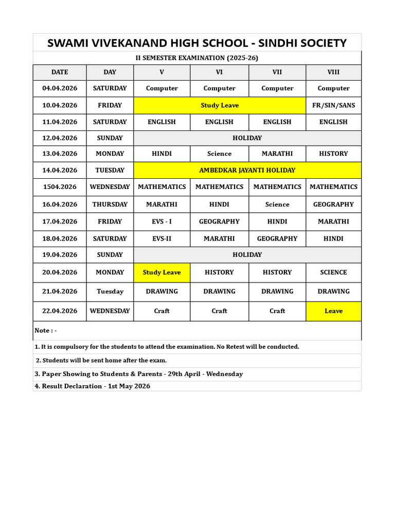New Time Table For STD V To VIII - 2026 | PDF