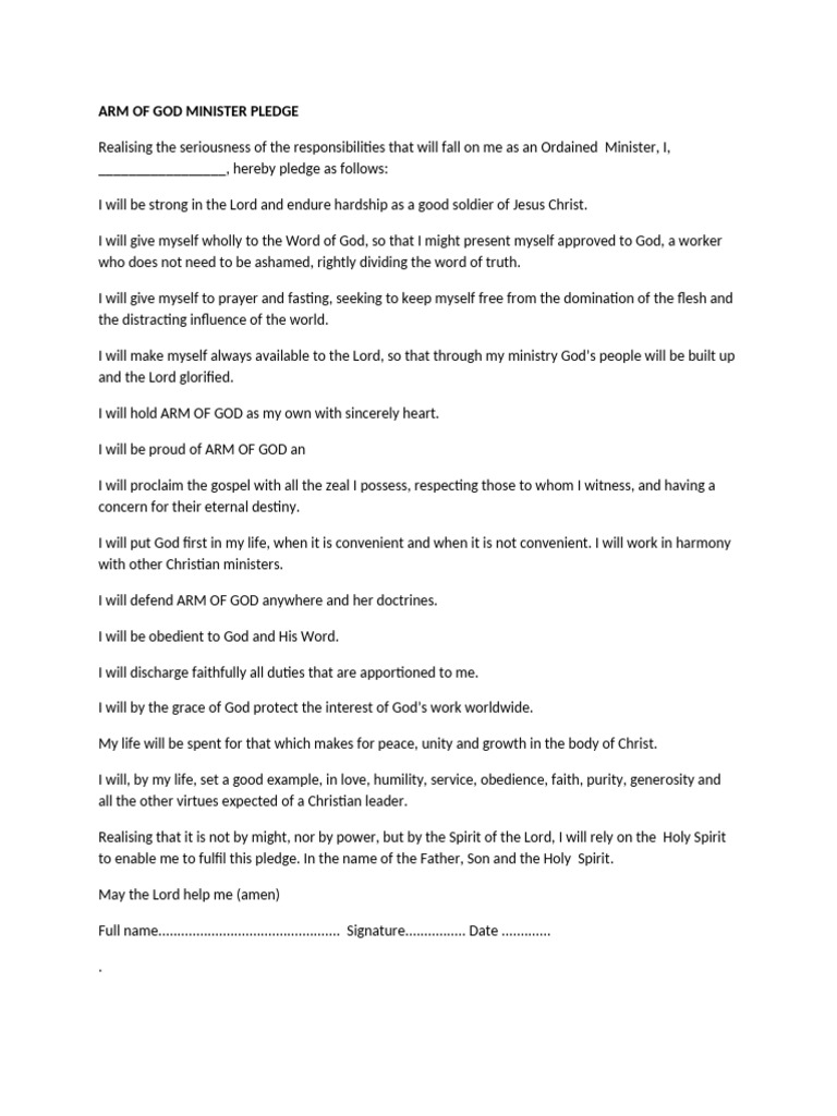 Arm of God Minister Pledge | PDF