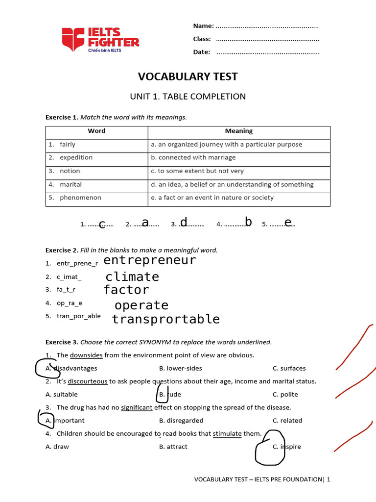 VOCAB TEST 1. UNIT 1. Table Completion | PDF