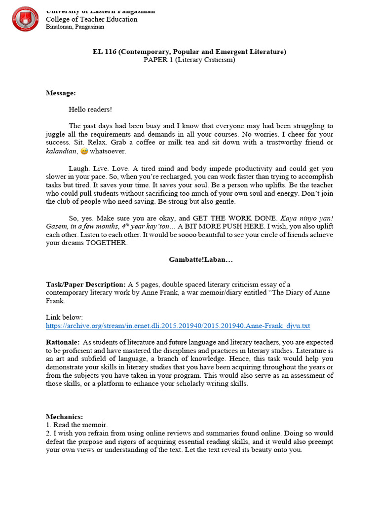 EL 116 Paper 1 Lit. Analysis | PDF | J. K. Rowling | Macbeth