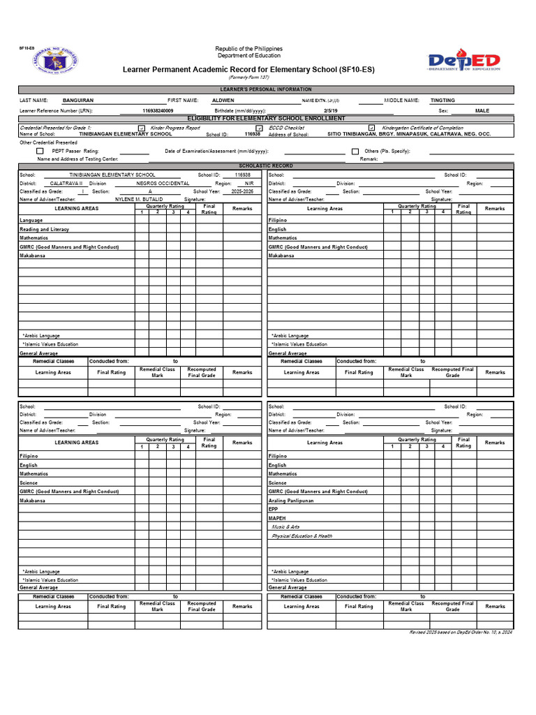 Grade 1-School-Form-10-ES-BANGUIRAN | PDF | Intelligence